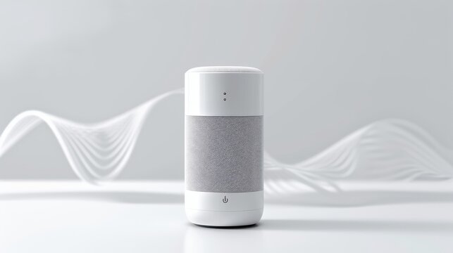 Sleek white smart speaker on a minimalist background, enhanced with flowing soundwaves to emphasize its advanced audio capabilities and aesthetic appeal. AI generated.