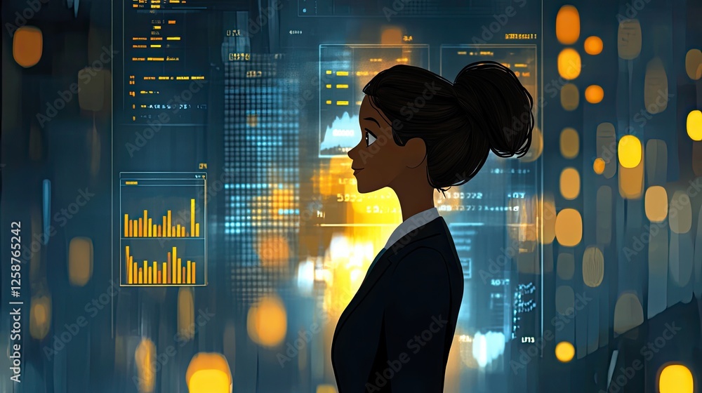 Aufkleber a successful business leader standing in front of a glowing data dashboard, confidently explaining f