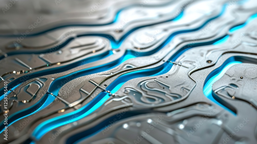 Poster a 3d rendered abstract wavy metallic pattern with glowing blue channels, presenting a futuristic and