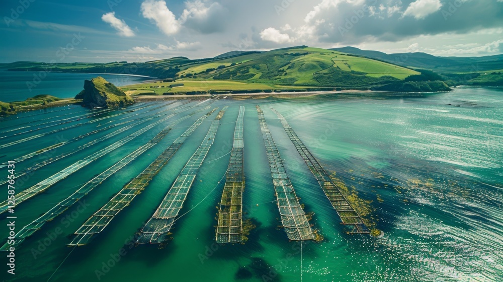 Poster Wide view of a coastal area with several mussel farms arranged in neat rows across the calm waters, surrounded by lush green hills and a bright blue sky filled with fluffy clouds.