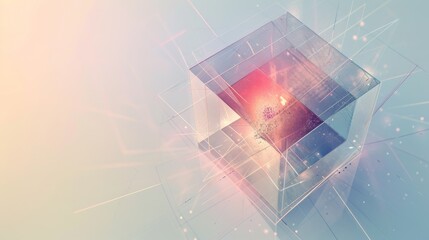 A mesmerizing abstract glass cube featuring a radiant central glowing light with delicate geometric patterns, evoking a sense of futuristic creativity. AI generated.