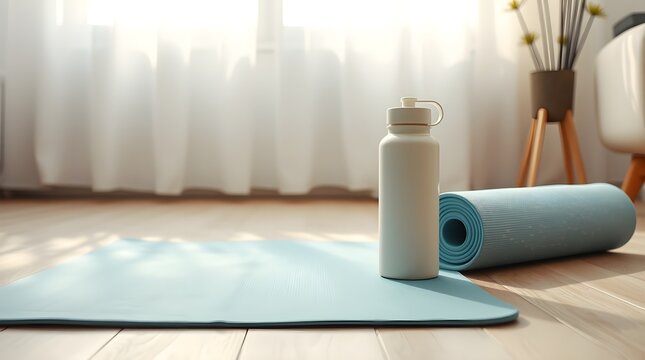 a home exercise scene with a yoga mat and pastel water bottle on a light wood floor, space for copy