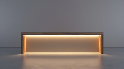 A minimalist wooden desk highlighted by soft ambient lighting, set against a neutral backdrop. Ideal for modern office or home decor concepts. AI generated.