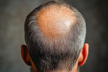 Baldness on a man's head, baldness, hair transplant, hair loss, stress.