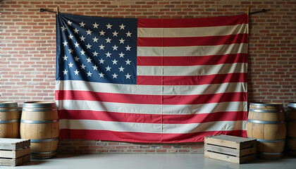 Large American flag hanging on brick wall with wooden barrels