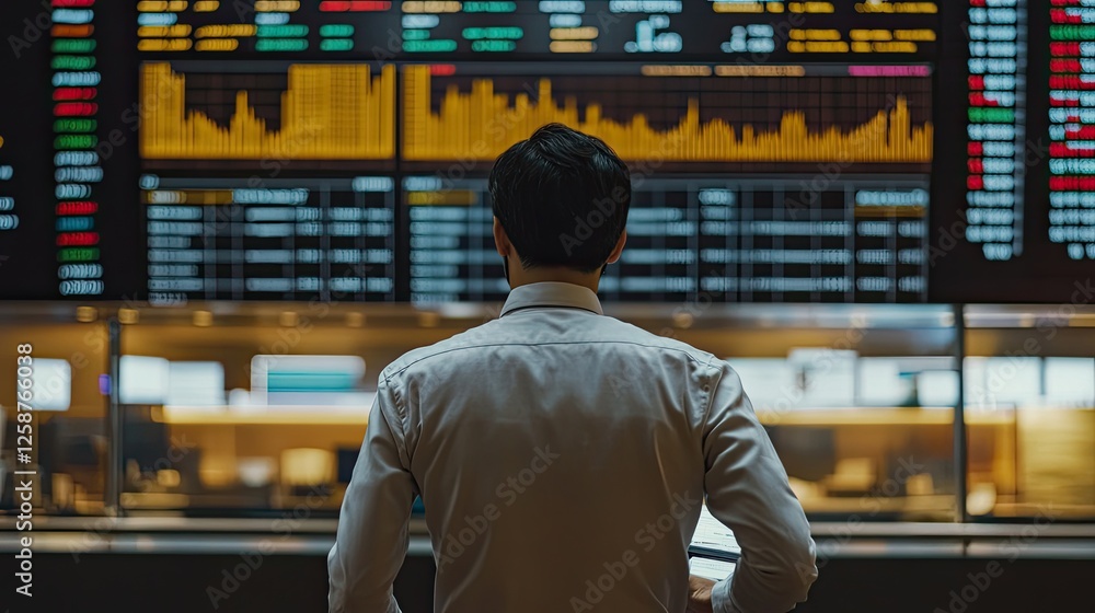 Aufkleber business consultant analyzing financial reports in front of a large led display filled with real-tim