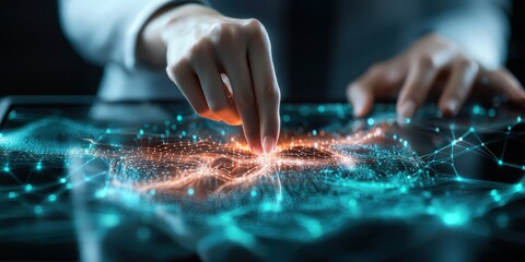 business startup with expansion. A hand interacts with a digital interface displaying glowing connections and data points.