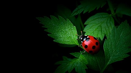 Fototapeta premium Red Ladybug on Dew-Covered Green Leaf