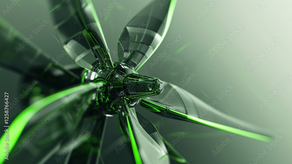 Poster intricate 3d rendering of a futuristic green energy generator with dynamic rotating blades and glowi