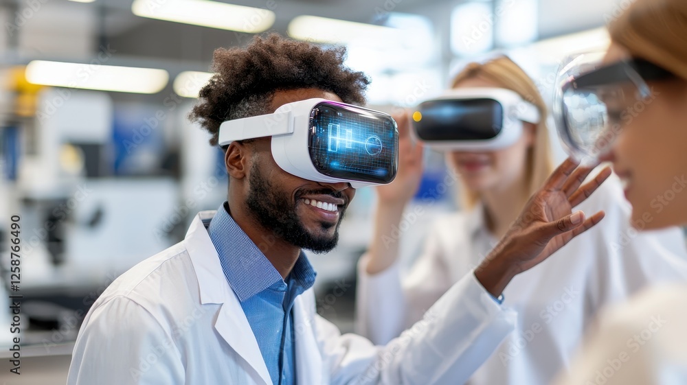 Poster business startup with expansion. a diverse group of researchers engaging with virtual reality techno