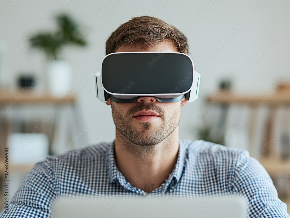Poster business startup with expansion. man using virtual reality headset while sitting at a desk in a mode
