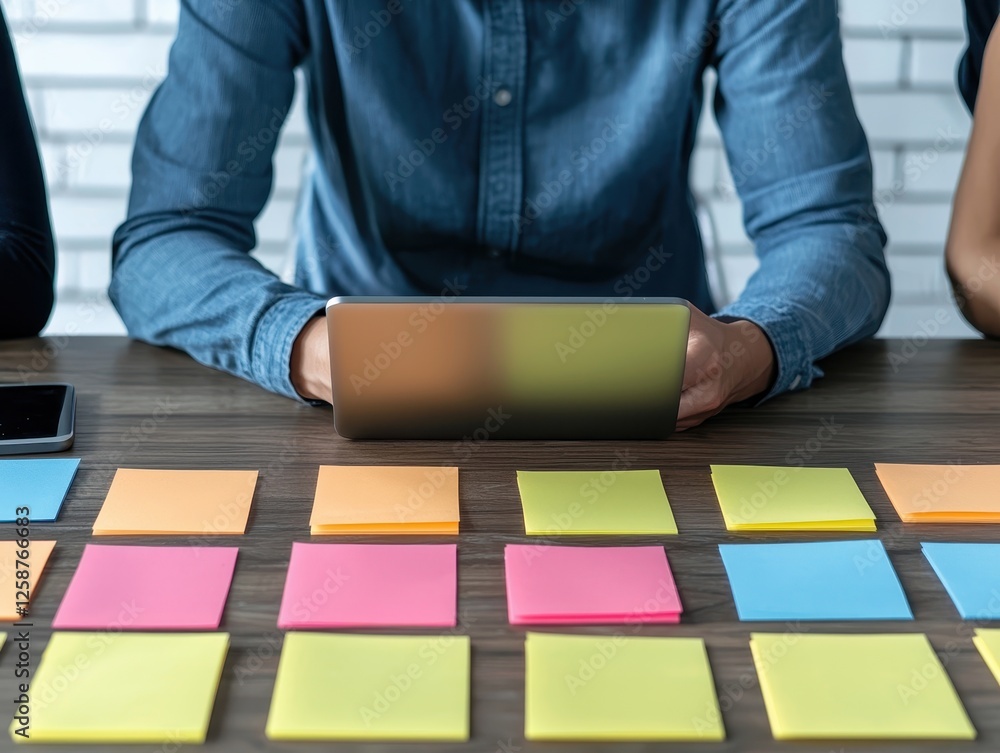 Poster business startup with expansion. collaborative workspace with colorful sticky notes and a person usi