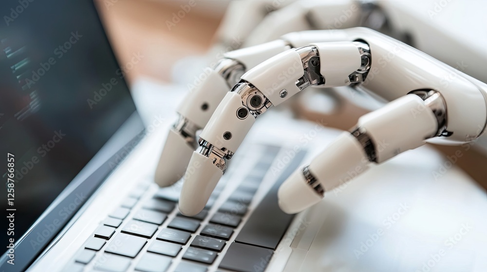 Poster high-speed robotic arms working with conveyor belts to assemble laptops in a futuristic electronics 