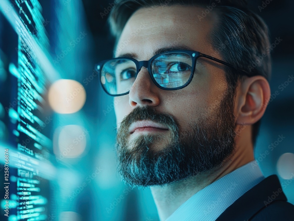 Poster business startup with expansion. a focused professional analyzing data in a high-tech environment.