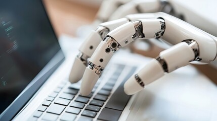 High-speed robotic arms working with conveyor belts to assemble laptops in a futuristic electronics factory.