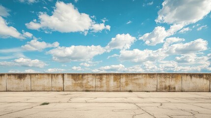 Weathered concrete wall against a bright blue sky.