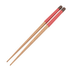 Pair of red and brown wooden chopsticks on cut out background.