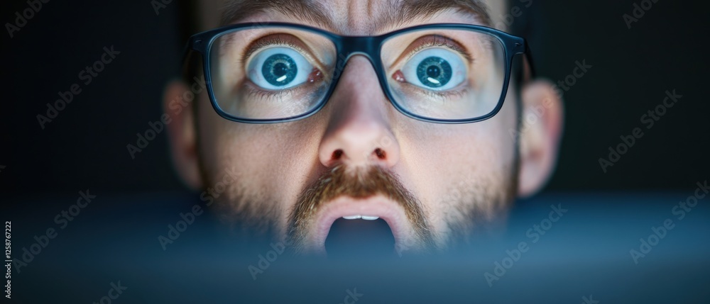 Wall mural man with glasses looking shocked at computer screen