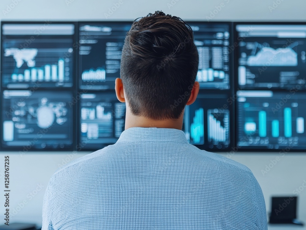 Poster business startup with expansion. business professional analyzing data on multiple screens in a moder