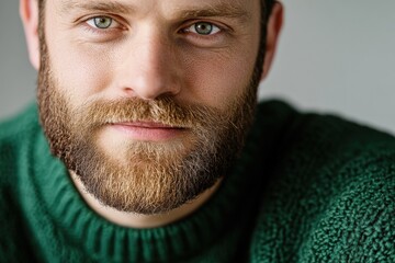 Obraz premium man with beard wearing green sweater looking at camera