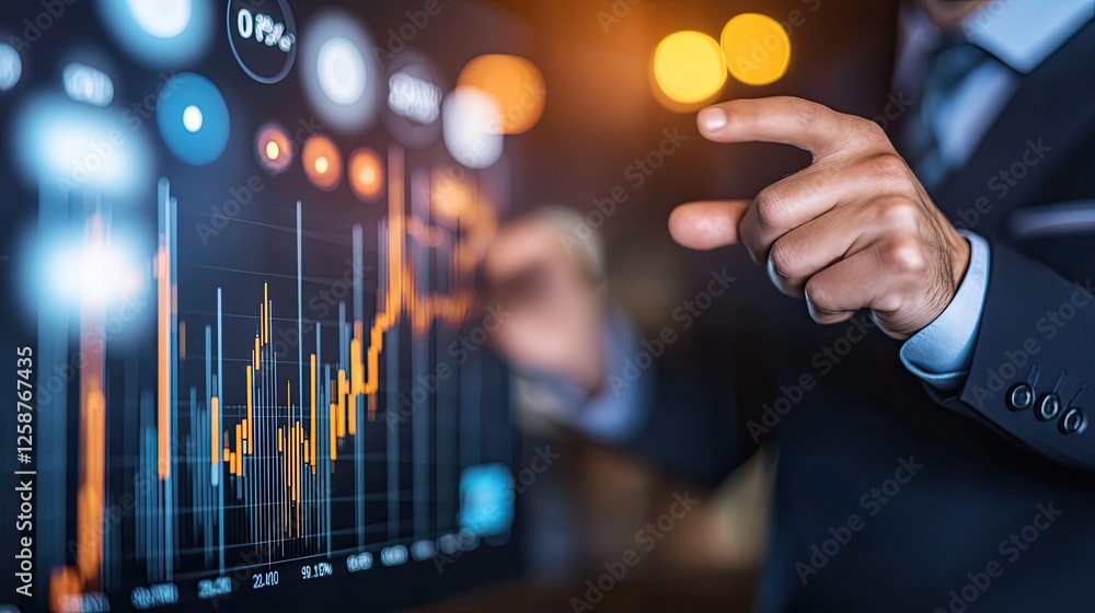 Poster professional presenter explaining stock market trends with financial graphs displayed on a large scr