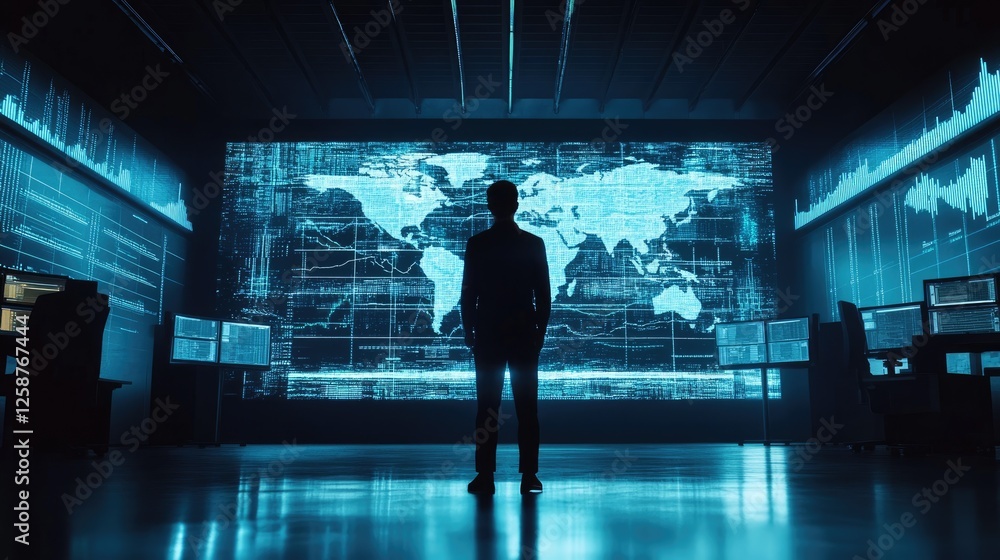 Poster professional presenter explaining stock market trends with financial graphs displayed on a large scr
