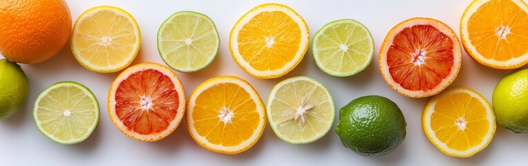 Sliced citrus fruits including oranges, lemons, limes, and blood oranges are artfully displayed in a flat lay style, highlighting their vibrant colors and juicy textures