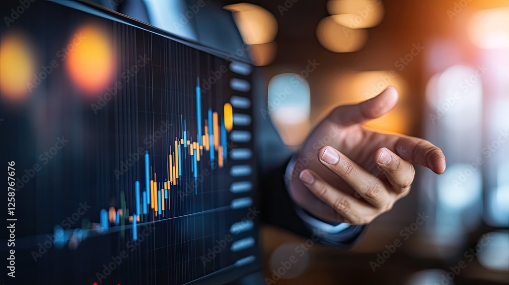 Poster professional presenter explaining stock market trends with financial graphs displayed on a large scr