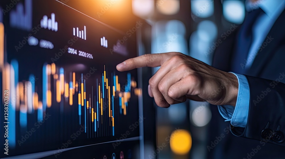 Poster professional presenter explaining stock market trends with financial graphs displayed on a large scr