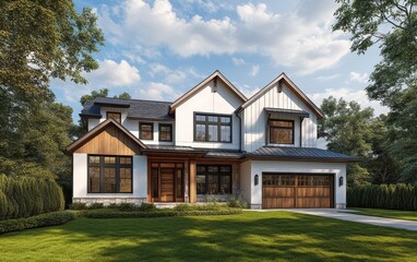 Suburban Modern Farmhouse Architectural Rendering