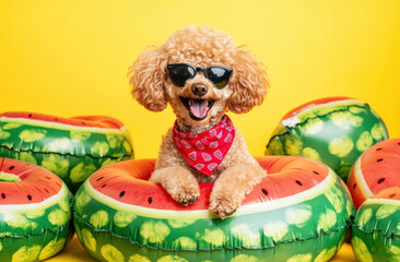 Poodle dog with curly fur and sunglasses sits cheerfully on a watermelon float against a bright yellow backdrop, ready for summer