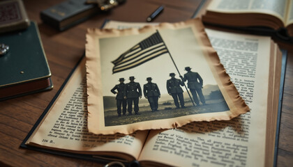 Obraz premium Vintage military photograph with American flag on aged paper