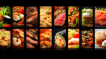 Diverse delicious food collage  steak, pasta, sushi, seafood, and more.  Perfect for restaurant menus, food blogs, or culinary websites.