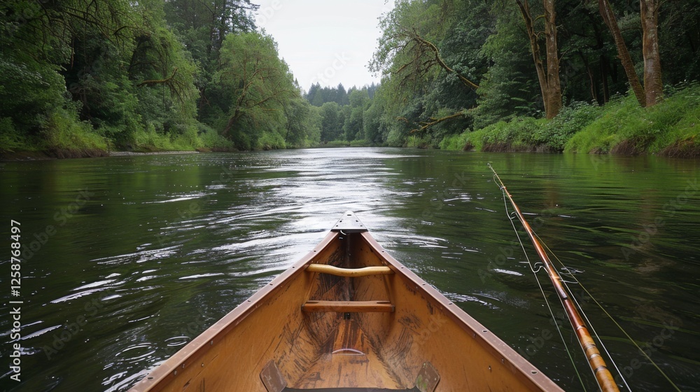 Poster rowing through calm waters, a canoe glides quietly along a river bordered by thick forests, creating