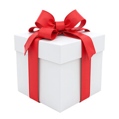 A white gift box with a large red bow, isolated on a cut out background.