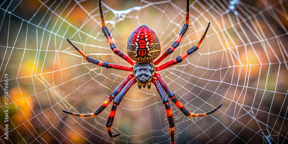 Poster a striking spider displaying brilliant red and yellow patterns is skillfully constructing a delicate