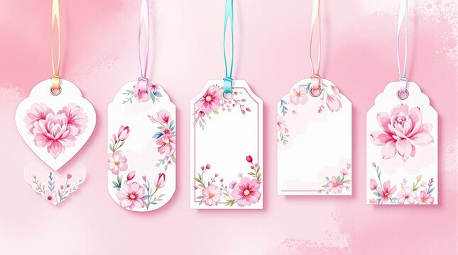 A fun and whimsical arrangement of five hanging tags with artistic pink floral watercolor designs, displayed on a lively pink gradient background. Each tag has a unique shape—heart, oval, rectangular