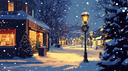 Obraz premium Snowy Christmas street scene with illuminated shops and lamppost.