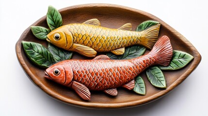 Fototapeta premium Two carved wooden fish on a decorative plate.
