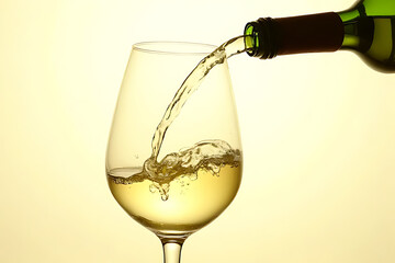 glass is being filled with white wine, capturing moment of pouring with bubbles forming in liquid. warm background enhances inviting atmosphere of scene