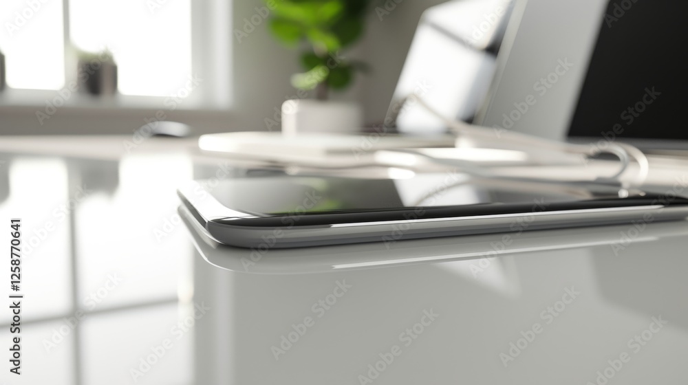 Poster close-up of a sleek smartphone resting on a glossy desk surface in a minimalist office environment. 