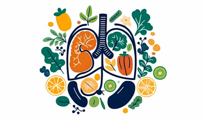Vibrant illustration of lungs filled with healthy fruits & vegetables, promoting clean eating & respiratory health.
