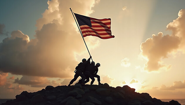 Soldiers raising American flag on hill at sunset
