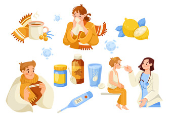 Sick Man and Woman Character with Treatment and Remedy Vector Illustration Set