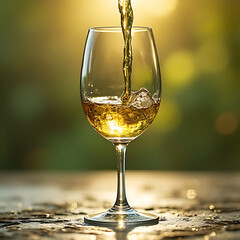 Obraz premium glass of white wine is being poured, capturing golden hue and sparkling bubbles in sunlight. warm glow creates refreshing and inviting atmosphere
