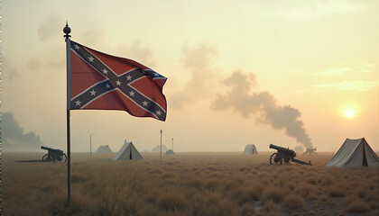 Confederate flag waving over Civil War battlefield at sunrise