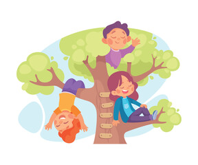 Kid Play on Tree in the Yard Vector Illustration