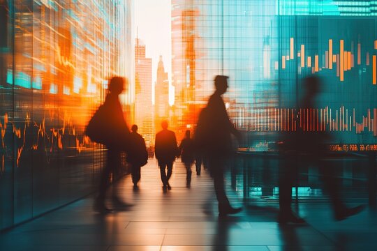 financial chart with stock market graph and silhouette people walking in office with cityscape blurred background - Powered by Adobe