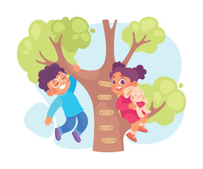 Kid Play on Tree in the Yard Vector Illustration
