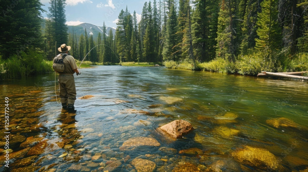Poster a fisherman stands in a tranquil river, casting a line while surrounded by lush evergreen trees and 